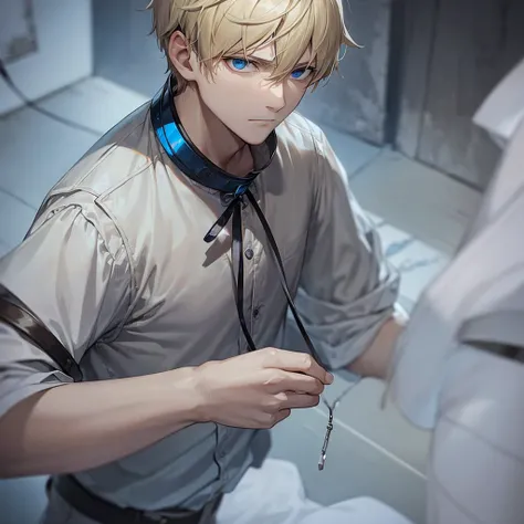 man with short blonde hair, blue eyes, sad, with his hands tied with a rope, with a leash around his neck. white dirty shirt, black trousers, snow,