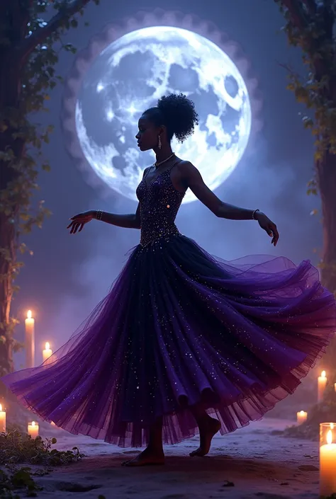 pomba gira tata mulambo with her black and purple dress dancing on the threshold