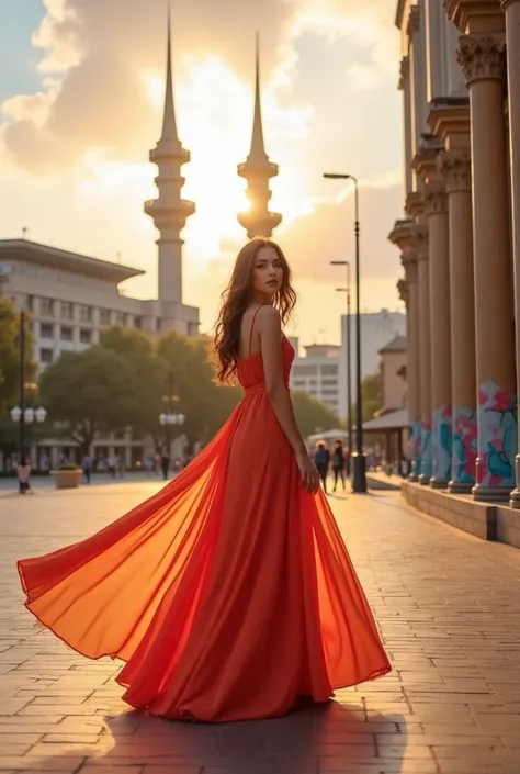 Draw a beautiful female model in the city of Baku