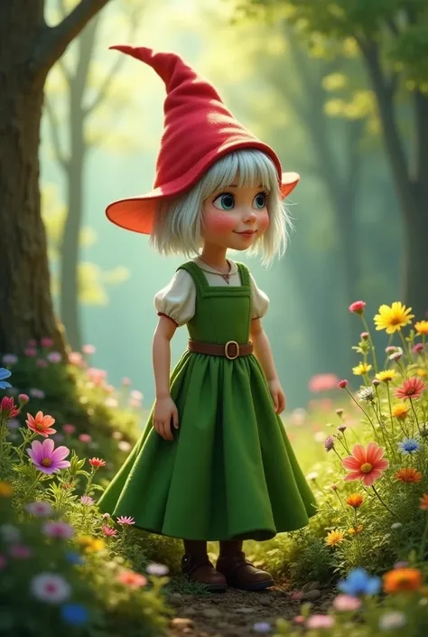 Female gnome in green dress, short white hair, with a red cone-shaped hat and not very chubby 