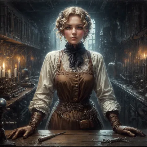 there is a woman standing in a room with a candle lit candle, in a steampunk laboratory, fantasy victorian art, she is in the potions workshop, woman in a dark factory, fantasy genre portrait, inspired victorian sci - fi, by Alexander Kucharsky, portrait o...