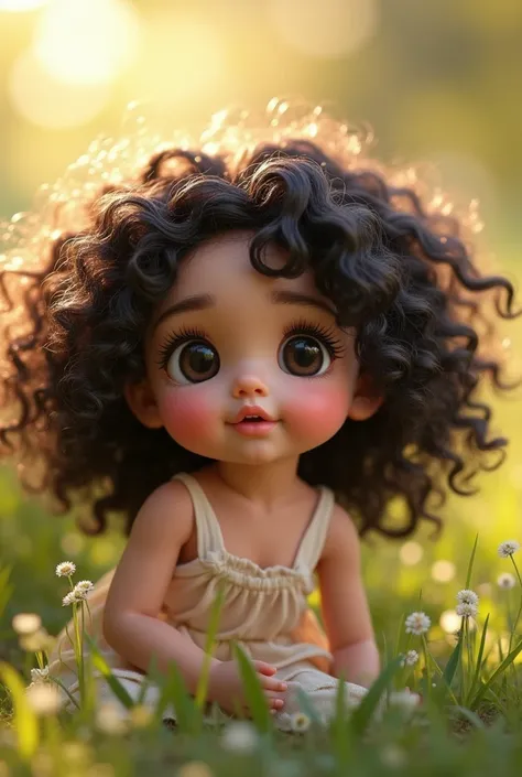 A cute girl with black curly hair, with innocent eyes with a black doll mouth, with a slightly plump but well-defined body, with white and pink skin