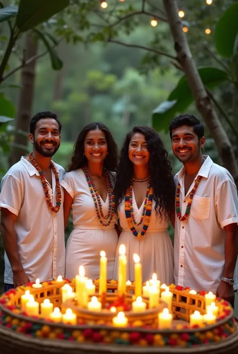 Two men and 2 women in front of a lush Umbanda altar, wearing a white cotton shirt, with bead necklaces, showing off your natural charm and outgoing personality, surrounded by white candles.