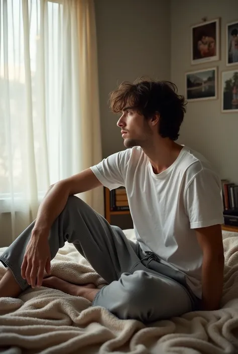 Man sitting completely sideways on the bed