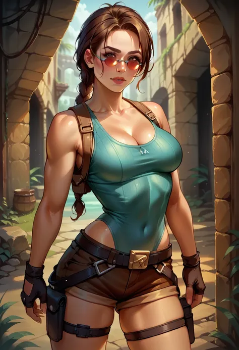 score_9, score_8_up, score_7_up, break, score_9, 1girl, solo, looking at viewer, laracroftxl, fingerless gloves, holster, cleava...