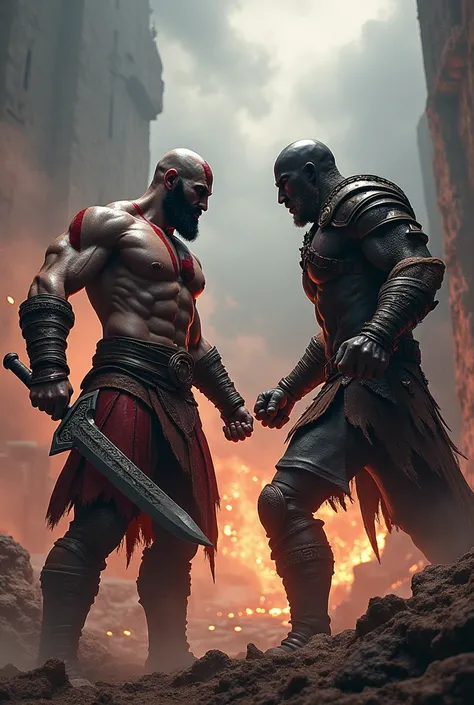 Create Kratos from God Of War 3 fighting to the death with a man of average muscle mass, with an imposing black armor, with short hair and a big anime style sword