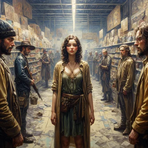 a painting of a woman, who is standing in a shop and surrounded by men, und Mumford Tom Bagshaw, Tom Bagshaw Weta Studio, by Ludwik Konarzewski Jr., von Kerembeyit, inspired by Mort Künstler, Robbing the King, by Jonas DeRo, Malstil von James Gurney, stefa...