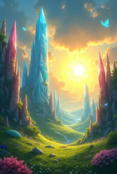 Bright sun shining in the sky in a magical land