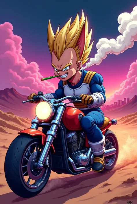 Vegeta riding a motorcycle looking like a jackal smoking marijuana