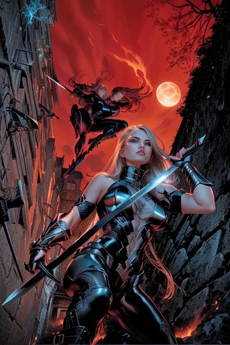 a woman in a black outfit holding a sword and a knife, as illustrated in top cow comics, zenescope, black canary, david finch, by Mark Brooks, phil jimenez, inspired by Mark Brooks, by Paul Pelletier, inspired by Mike Deodato, mark brooks detailed, mike de...