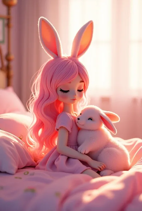 (NSFW:1.5), ((masterpiece)), ((highest quality)), Araffe with pink hair and bunny ears sitting on a bed, angelablanca, beautiful dolphin, anime barbie in white stockings, sweet ultra-realistic bunny, very very kawaii, japanese goddess, the bunny has pink f...