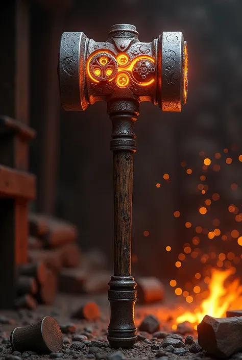 A war hammer with a sturdy handle and a forged metal head that emits a warm glow. The hammer head has engravings of flames and gears that glow with a fiery glow.