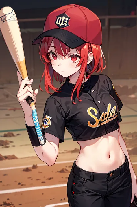 ((High Quality)), female baseball player, revealing outfit, no panties, Well good, redhead, black hat, black and white uniform, nipples, pussy, unbuttoned uniform, holding a baseball、16K、((There is dirt on the body))、Beautiful red eyes、(High image quality)...