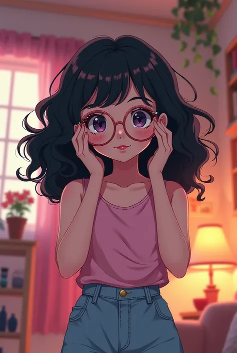 A girl with black curly hair, with innocent eyes with a black doll mouth, with a slightly plump but well-defined body, with white and pink skin, teenager who wears glasses and in a room, make her in anime mode