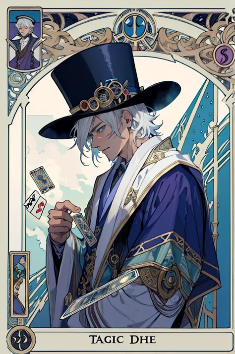 1 boy, 18 years old,(short white hair:1.1),blue eyes,magician, top hat((Hat decorated with tarot cards)), Victorian robe, (zenDispute, Mandala, Dispute, enDispute:0.6),Chaos in its most beautiful form,Mucha style, conscious mind，Tarot cards, steam punk, ta...