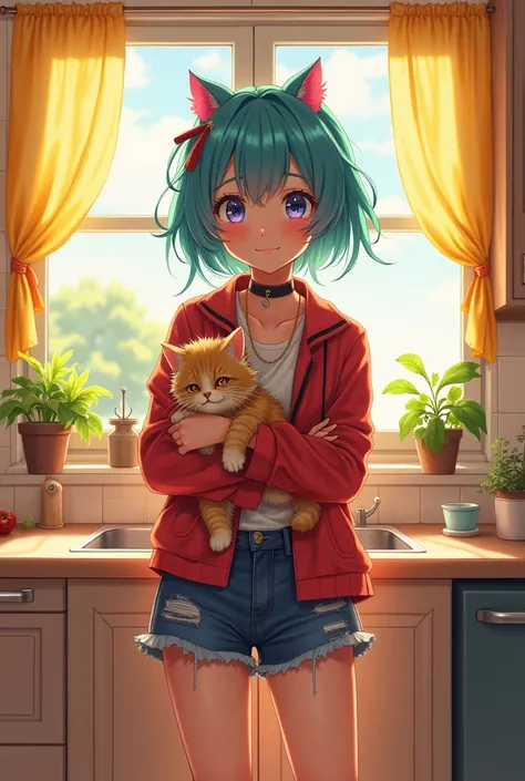 Create a 2:1 aspect ratio image of a full-body, front-facing view of a young girl standing in a bright kitchen, illuminated by natural sunlight. The girl, dressed in pop-punk fashion, is holding a cat in her arms. The scene is depicted in an anime style, i...