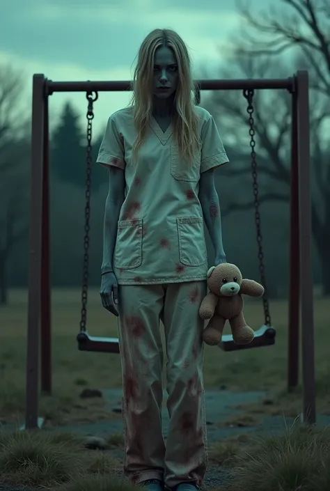 A zombie nurse female, holding a plush toy in left hand, in a childrens playground, (best quality,4k,8k,highres,masterpiece:1.2),ultra-detailed,(realistic,photorealistic,photo-realistic:1.37),zombie nurse woman,childrens playground,plush toy in hand,cinema...