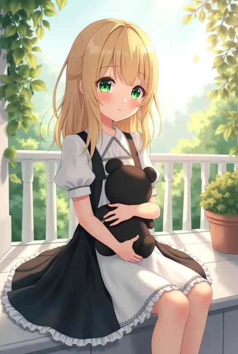 , medium long straight light blonde hair, green eyes, She also has a slight blush on her face., He wears elegant but modest clothes, like a black and white dress, He also carries a black teddy bear, She is sitting on a white balcony. anime style.