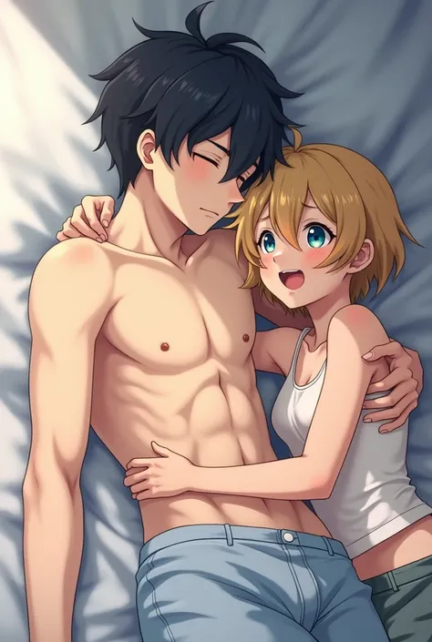 A blue eyed anime teen is black hair with blue eyes having sex with a blonde haired anime teen with green eyes is short hair moaning on his back on a bed while his friend cums on him