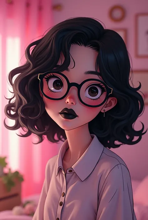 A girl with black curly hair, with innocent eyes with a black doll mouth, with a slightly plump but well-defined body, with white and pink skin, adult who wears glasses and in a room, make her in anime mode medium hair hentai face 