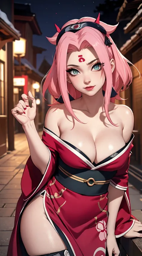 tmasterpiece， Best quality at best， 1girll， Sakura Haruno， Large breasts，Raised sexy，is shy，smile，with pink hair， long whitr hair， （Green eyeballs:1.4)， Forehead protection，nighttime, city，deep cleavage, revealing clothes, whorish (prostitute makeup:1.3), ...