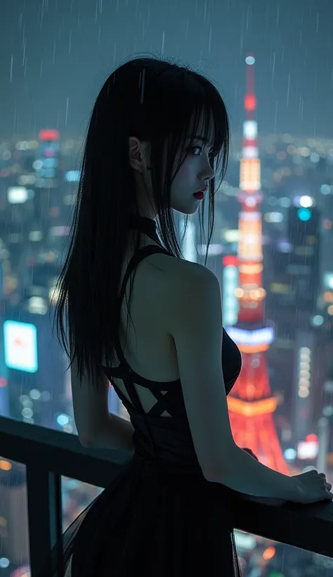 A Japanese vampire with pale skin and dark, straight hair, blood trickling down her neck after a recent hunt. She is dressed in a sleek black dress, blending with the night as she stands at the base of Tokyo Tower. The setting is a rainy night in the city,...