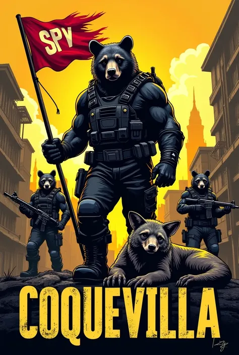 A logo illustration depicting a favela in the background with a red flag saying SPV on it at the top, surrounded by fierce looking bears strong muscular bears stepping over some downed coyotes armed with rifles and bulletproof vests use black bears and put...