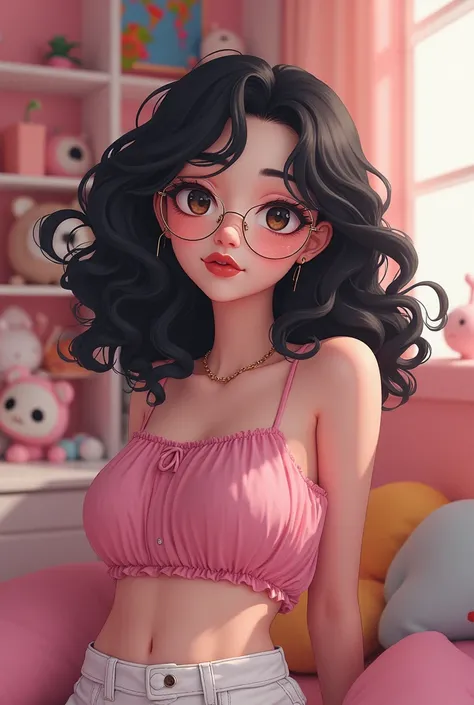 A girl with black curly hair, with innocent eyes with a black doll mouth, with a slightly plump but well-defined body, with white and pink skin, adult who wears glasses and in a room, make her in anime mode medium hair sexy hentai face