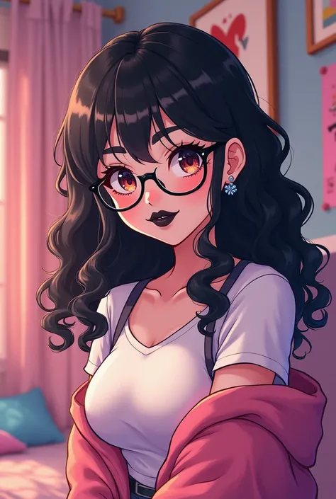 A girl with black curly hair, with innocent eyes with a black doll mouth, with a slightly plump but well-defined body, with white and pink skin, adult who wears glasses and in a room, make her in anime mode medium hair hentai face sexy horse