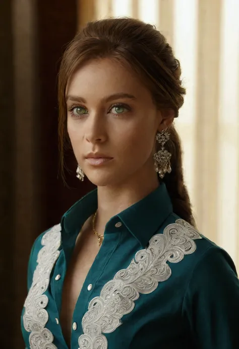 Amber,brown hair,green eyes,ponytail,
necklace,jewelry,earrings,jeans,multicolored shirt,
upper body,
looking at viewer,
bedroom,sitting on bed,
(insanely detailed, beautiful detailed face, beautiful detailed eyes, masterpiece, best quality),solo,