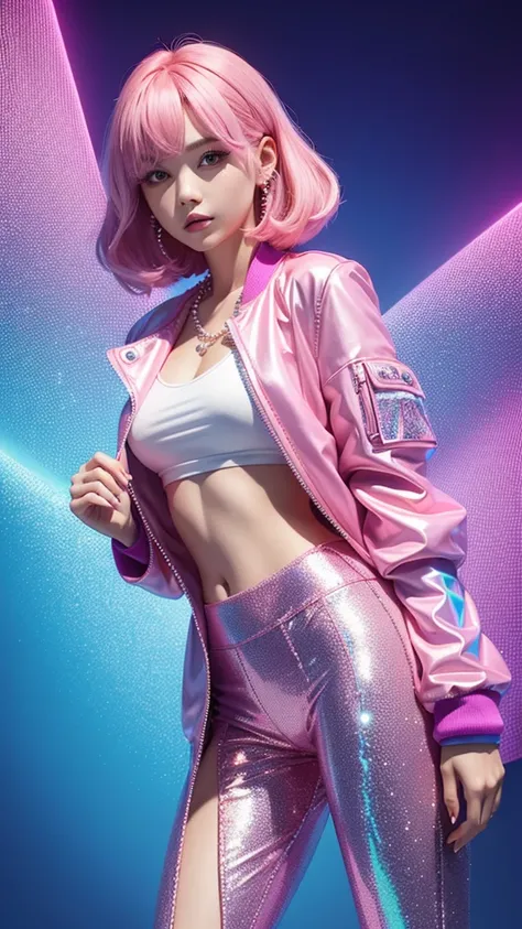 A young woman with pink colored hair pearls pink jacket holographic pants bracelets purple and blue background scenery