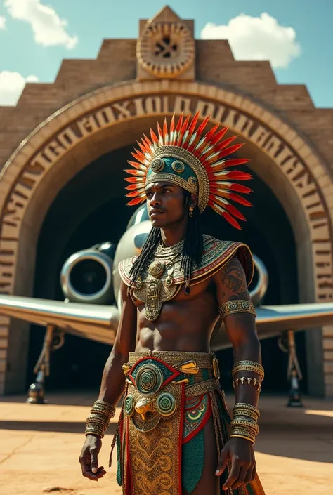 God Mictlan, In the background, a fighter plane with Aztec empire features, a hangar, and the legend written Aztec legion squadron