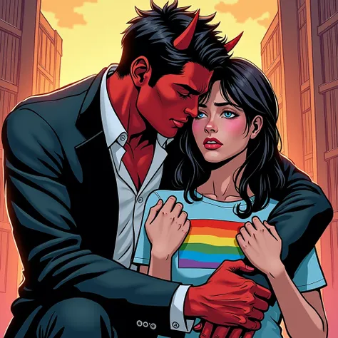 marvel art style, a 20-year-old male red-skin-tone devil with dark fadeout hair and glasses, wearing tight tuxedo , masculine bulge, hes crouching down behind a sad female wearing lgbt shirt. hes behind her. huggin. Hes squatting down behind her