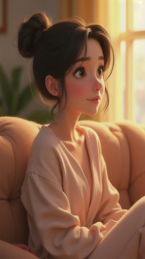 The character has her hair tied in a loose but neat bun. She has soft and delicate facial features, with bright yellow eyes that are expressive and reflect a serene and thoughtful expression. Her skin is fair and she is dressed in comfortable clothes, suit...