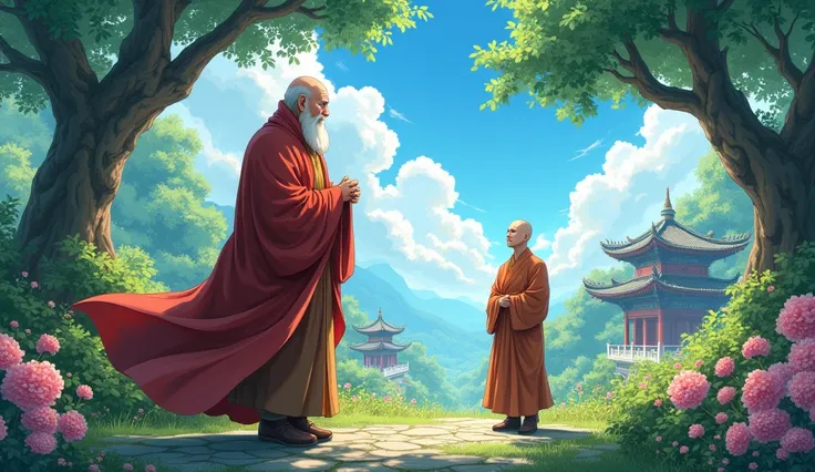 An wisdom full old fat Chinese monk standing at beautiful garden, a 25 year old monk student approach towards old monk master, flowers, surrounded by temples, beautiful scenario, trees, in anime style,