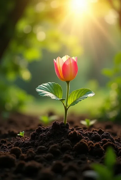 "A small seed sprouting into a beautiful flower, with a child watching patiently, surrounded by soft, warm light and the gentle growth of nature."