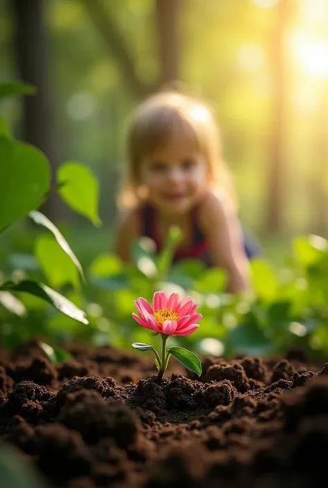 "A small seed sprouting into a beautiful flower, with a child watching patiently, surrounded by soft, warm light and the gentle growth of nature."