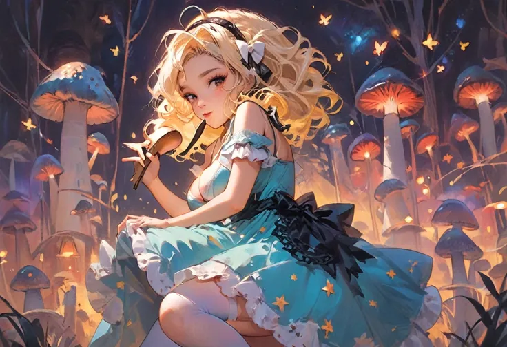 a beautiful 20 year old blonde woman with big messy hair in a blue dress, white stockings, black headband, cleavage, holding a glowing mushroom, fantasy art style, rossdraws cartoon vibrant, alice x. zhang, alice in wonderland cyberpunk, cute detailed digi...