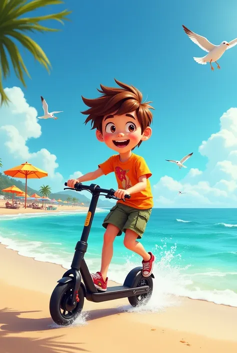 A brown-haired boy avatar on an electric scooter riding in front of the sea with his camera 