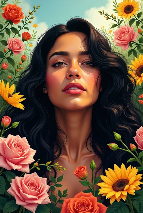 A stylized portrait of Maria da Penha, with a background of flowers symbolizing rebirth and hope.