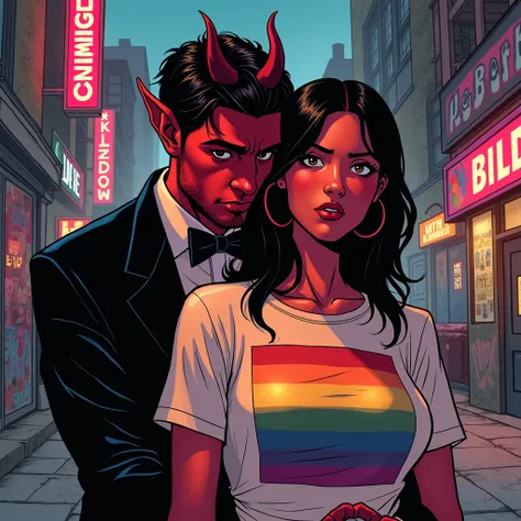 marvel art style, a 20-year-old male red-skin-tone devil with dark fadeout hair and glasses, wearing tight tuxedo , masculine bulge, hes crouching down behind a sad female wearing lgbt shirt. hes behind her. huggin. Hes squatting down behind her
