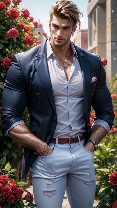 (absurdres, highres, ultra detailed), 1 male, beautiful,handsome, tall muscular guy, mature, verious red and pink roses around him, jewellery, the man is standing comfortably in the roses, from directly above, (white shirt, jeans), gorgeous, wet, model pos...