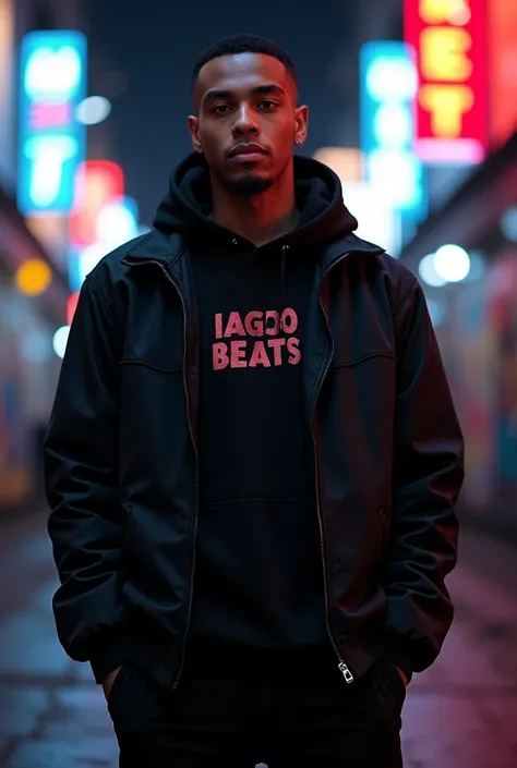 RAPPER man dressed in black, with a blurred background and a text on the chest called : IagoBeats