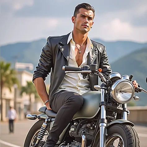 imagine a handsome man with thick white skin, slicked black hair, wearing a black leather jacket, white blouse, black pants and sneakers, with very black eyes, mounted on a motorcycle,average with a darker tone.