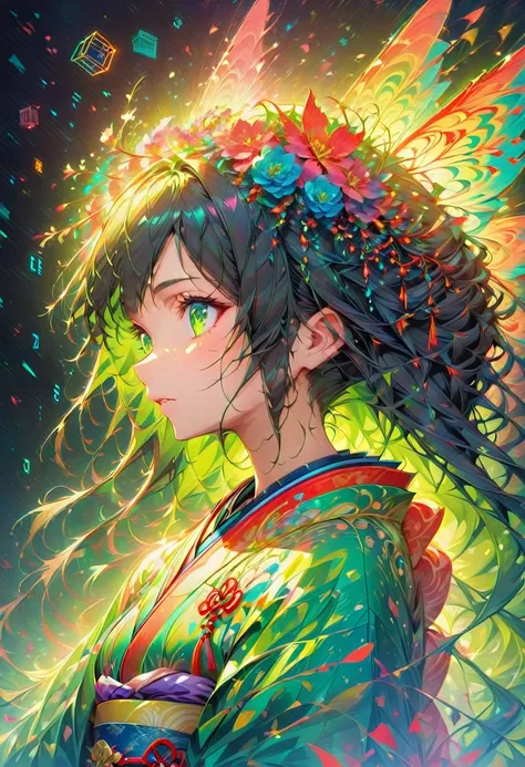 masterpiece, (beautifully、aesthetic:1.5), Surrealism, Very detailed, anime, A profile picture of a girl, wear Kimono, Her hair was adorned with beautiful ornaments, Long Hair, Green Eyes, Red and navy blue color palette, Hard brush, Binary Code Effect, Min...