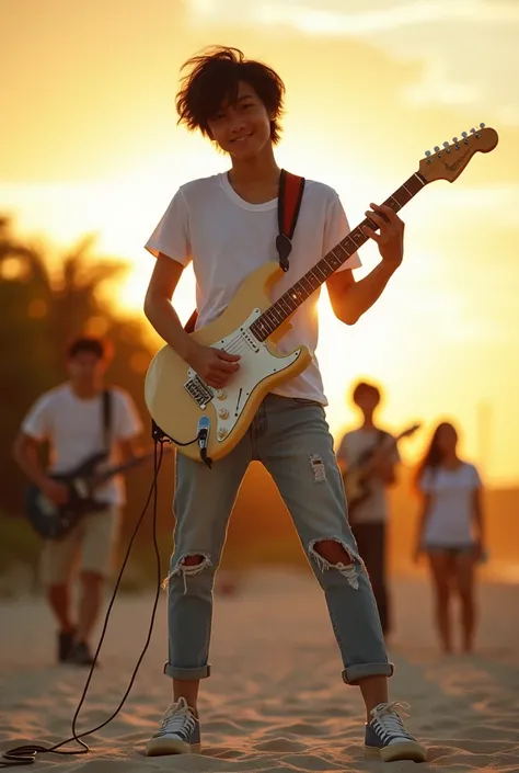 8k, highest quality, ultra details, Tobias Bjorgsha, , handsome asian teenage, white t-shirt, ripped jeans and running shoes, messy neat black hair, playing electric guitar,he is looking forward to camera, playing guitar at the beach park with his band. ca...