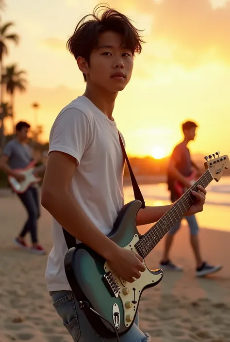 8k, highest quality, ultra details, Tobias Bjorgsha, , handsome asian teenage, white t-shirt, ripped jeans and running shoes, messy neat black hair, playing electric guitar,he is looking forward to camera, playing guitar at the beach park with his band. ca...