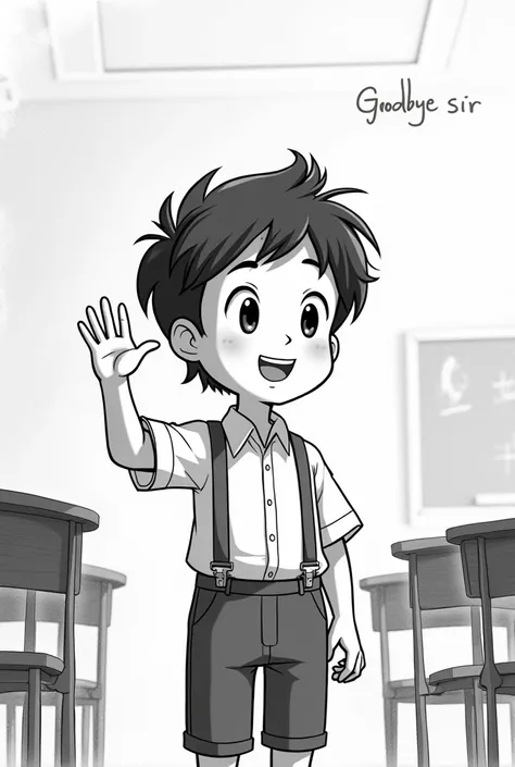 Image of an animated boy saying goodbye sir in black and white 
