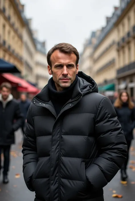 emmanuel macron in black down jacket 