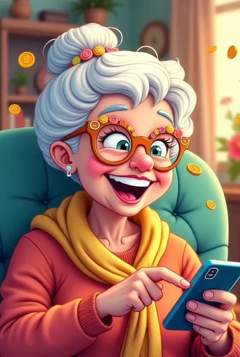 A cartoon grandmother with a smartphone, smiling while purchasing something with cryptocurrency called mass